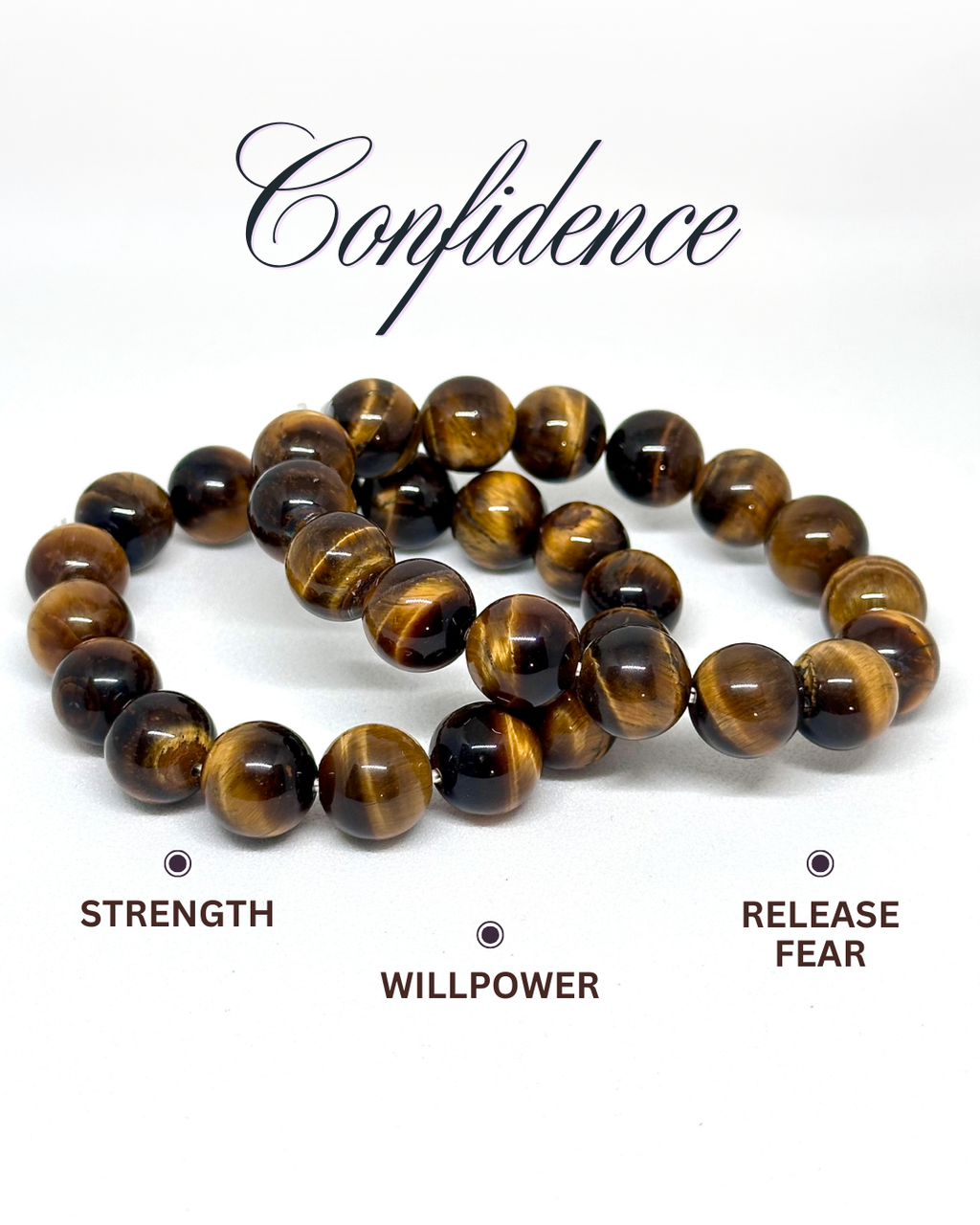 Brown beaded Tiger Eye bracelet 10mm with text on a white background