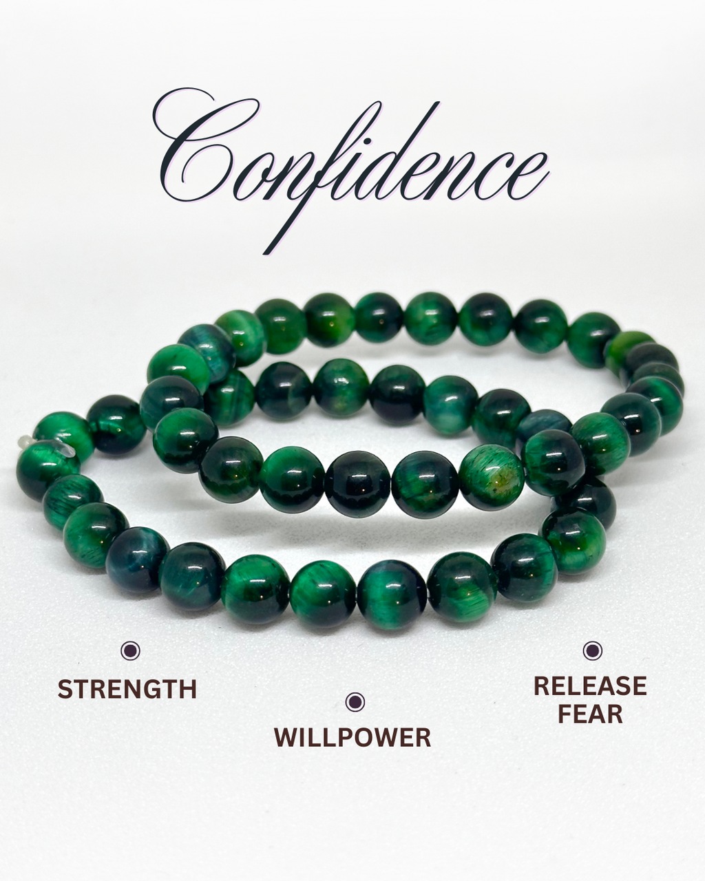 Green beaded Tiger-eye Bracelet on a white background with text 'Confidence', 'Strength', 'Willpower', and 'Release Fear'.