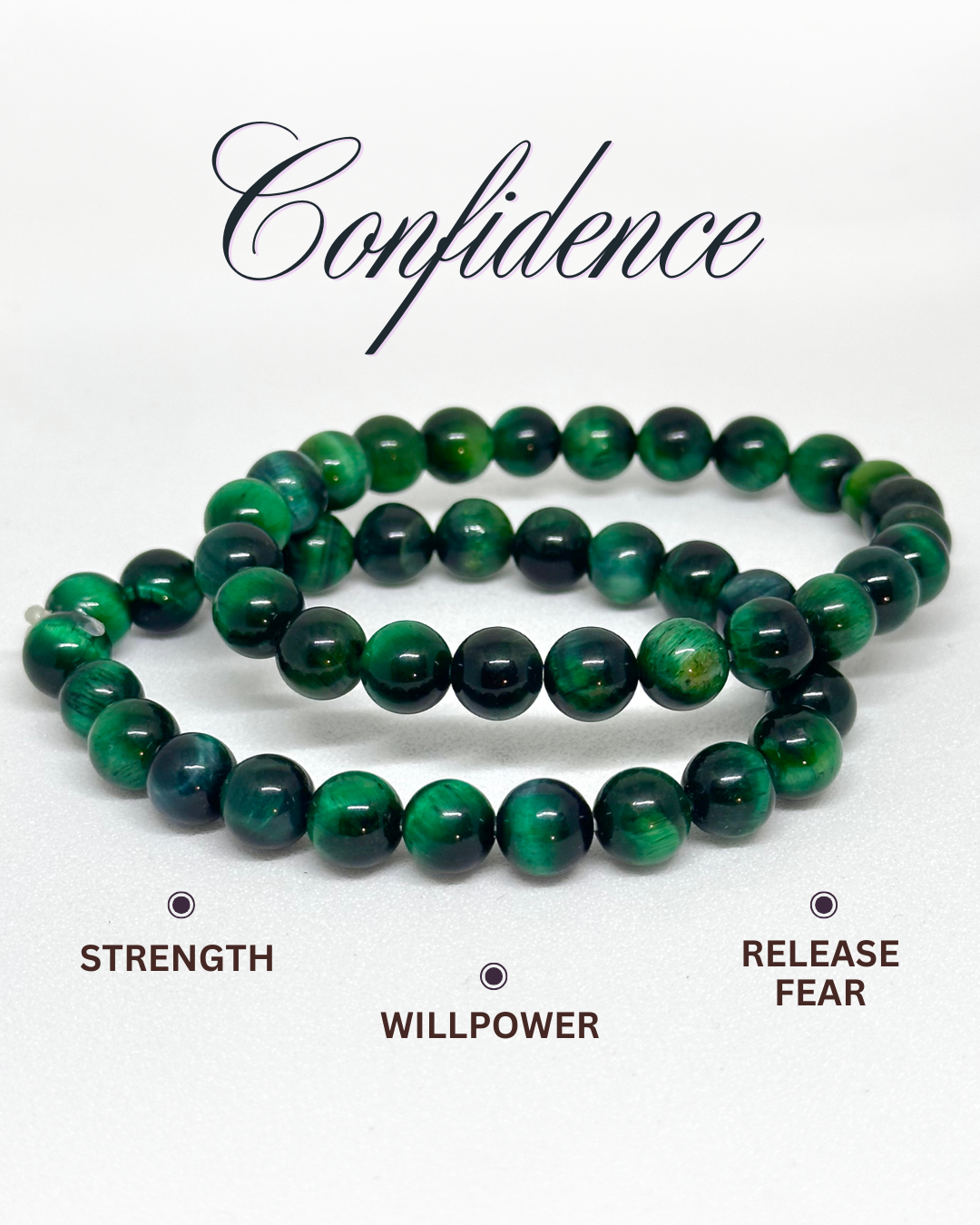 Green beaded Tiger-eye Bracelet on a white background with text 'Confidence', 'Strength', 'Willpower', and 'Release Fear'.