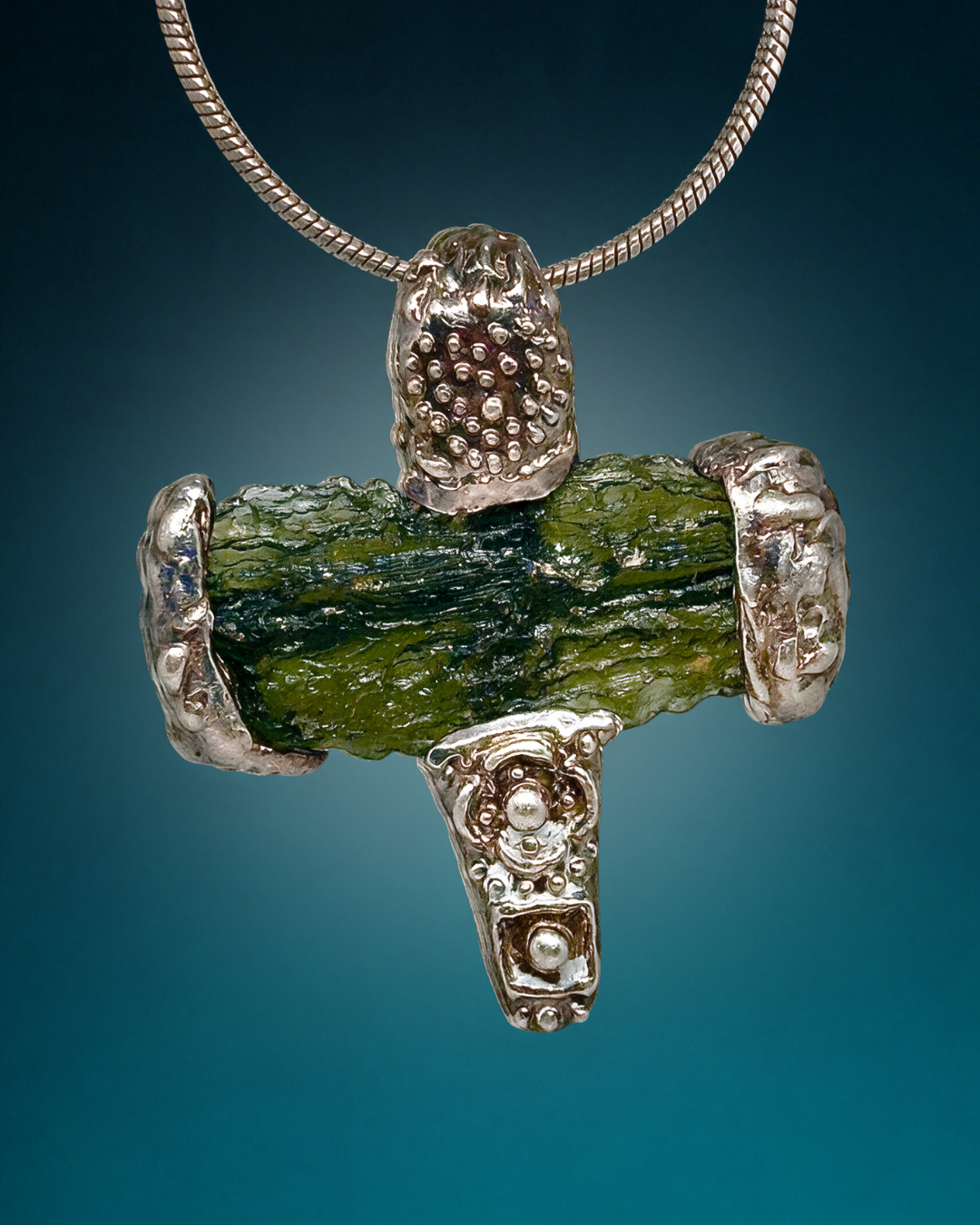 Moldavite Cross Pendant, Silver Studwork