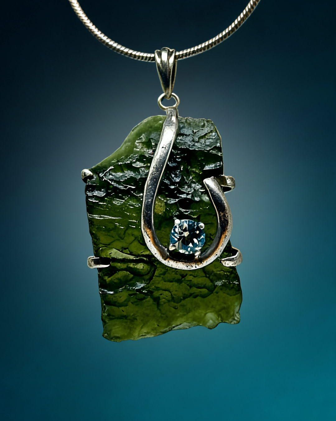 Moldavite & Blue Topaz Horseshoe Pendant