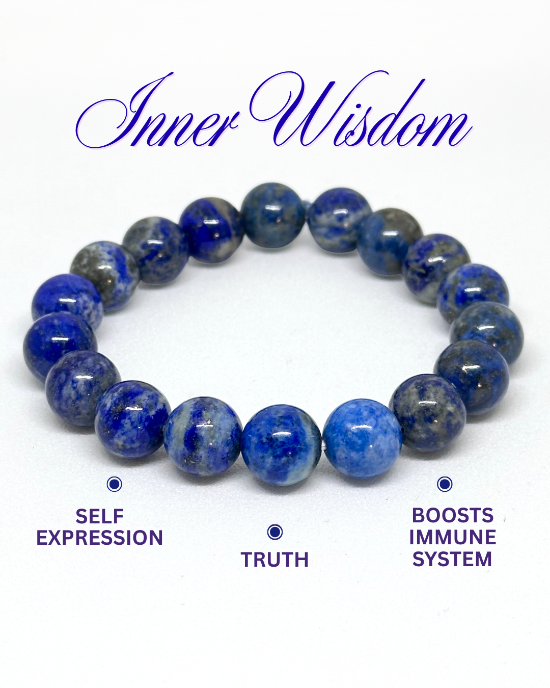 Blue Lapis 8mm bracelet labeled 'Inner Wisdom' with benefits on a white background