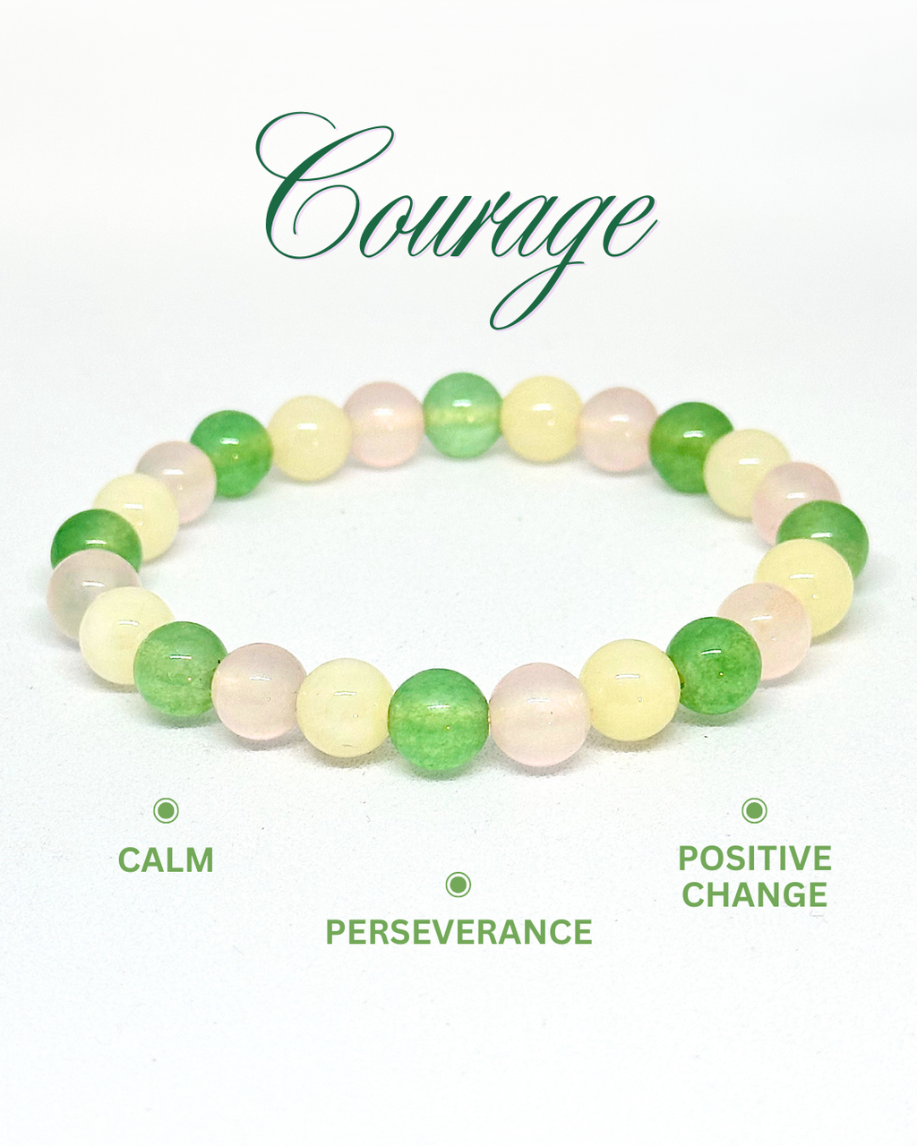 Beaded bracelet with green and white stones on a white background, featuring the word 'Courage' at the top. Green Aventurine, Yellow Aventurine, & Rose Quartz Bracelet