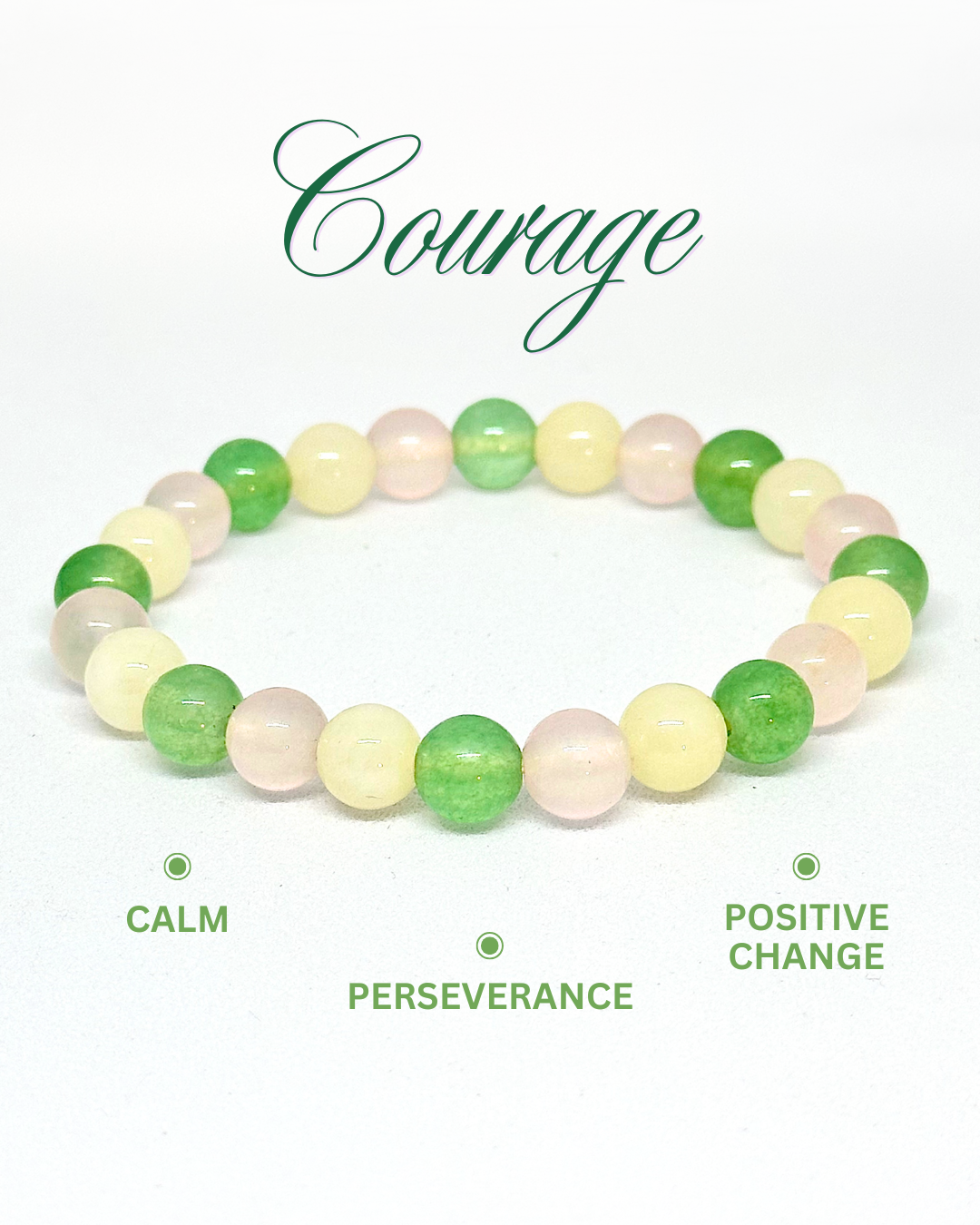 Beaded bracelet with green and white stones on a white background, featuring the word 'Courage' at the top. Green Aventurine, Yellow Aventurine, & Rose Quartz Bracelet