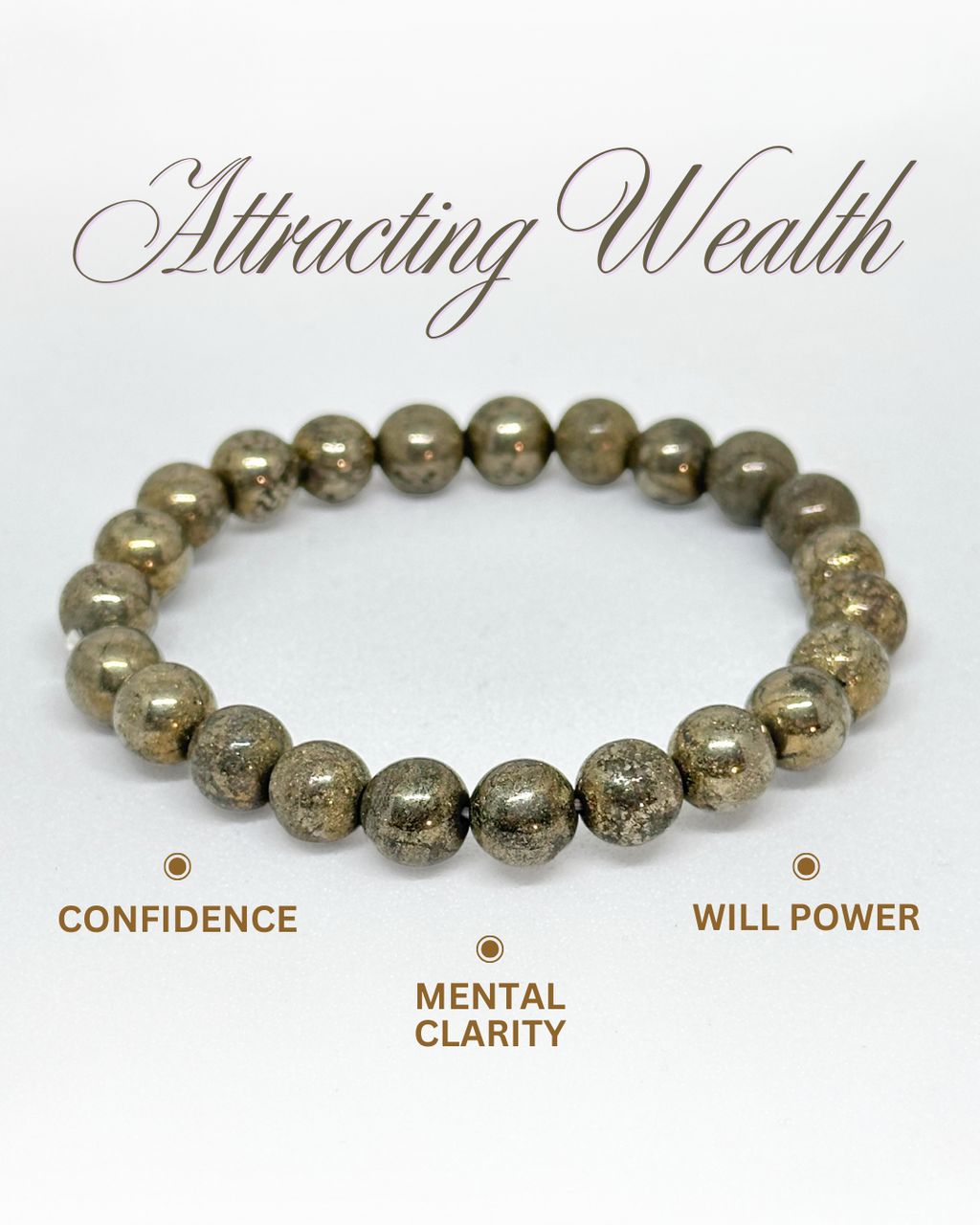 Pyrite bracelet on a white background with text about its benefits.