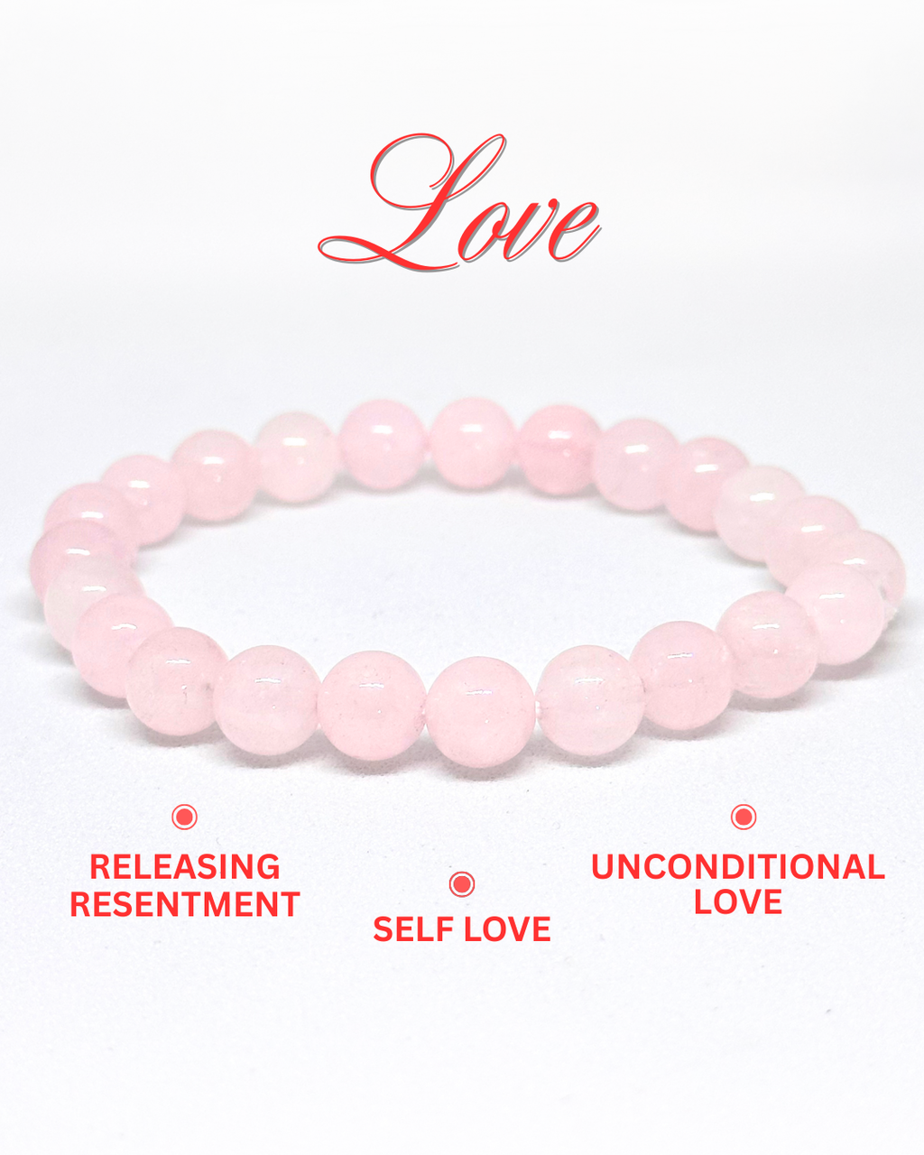 Pink Rose Quartz bracelets with motivational text on a white background
